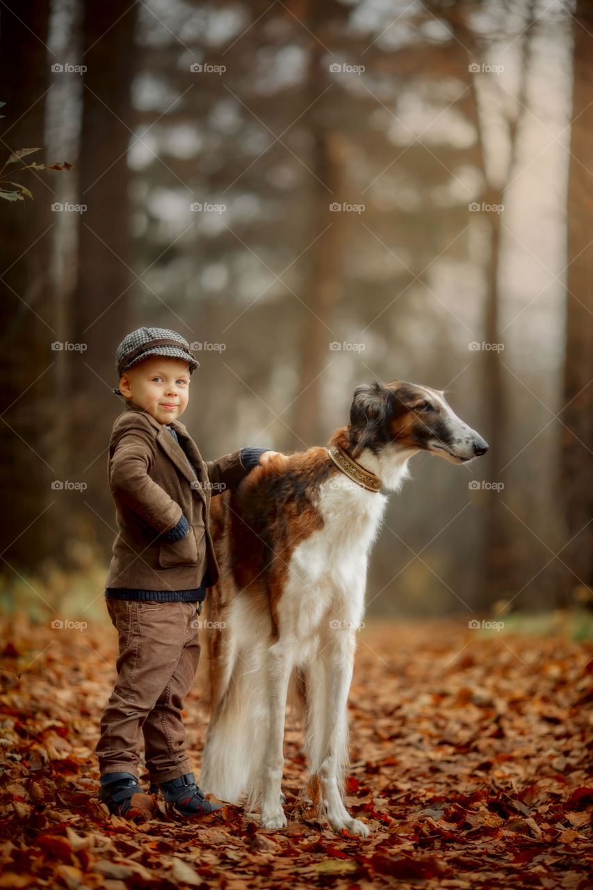 Cute boy with russian borzoi dog in an autumn park 
