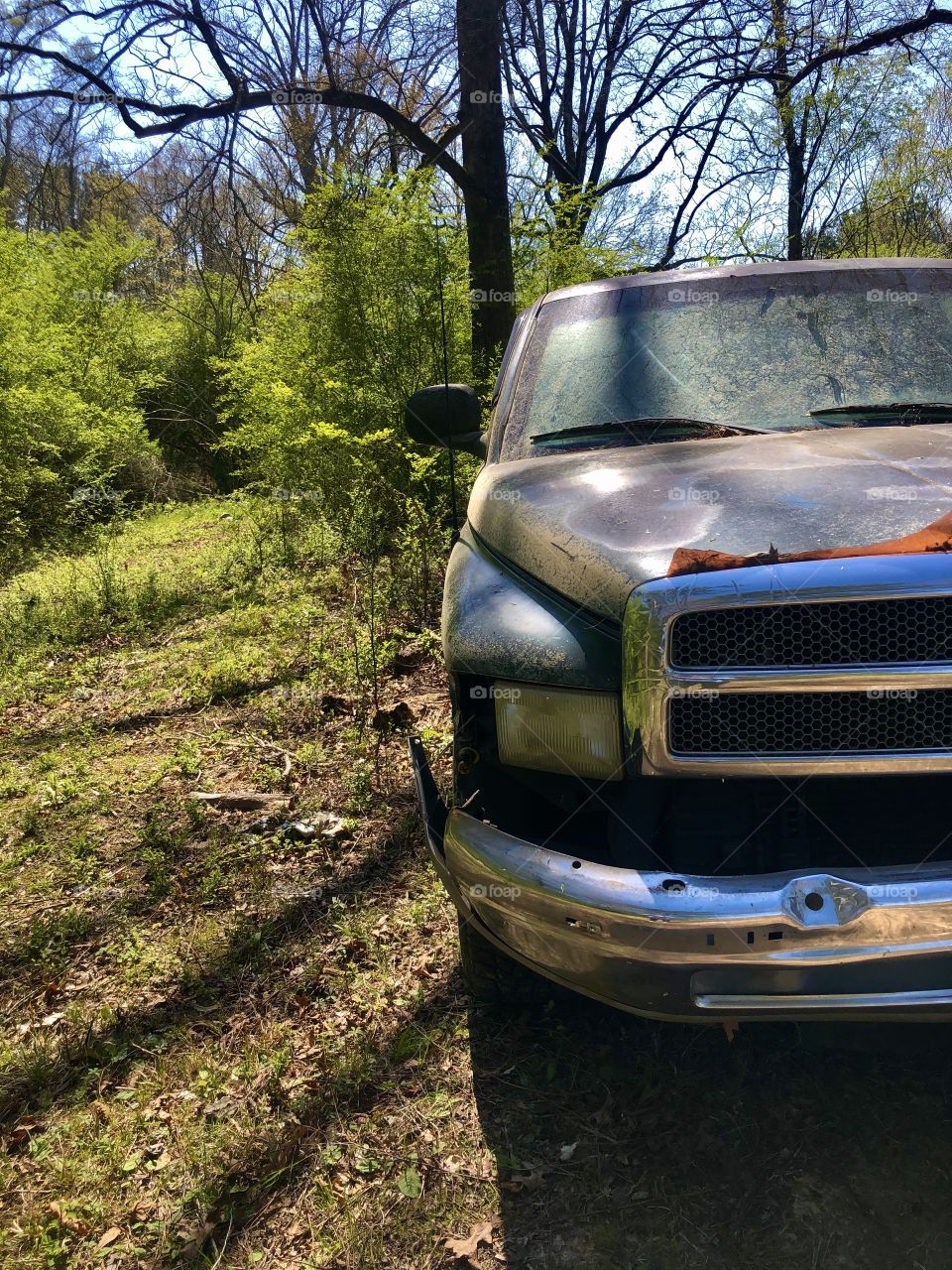 Old abandoned pickup truck in woods 