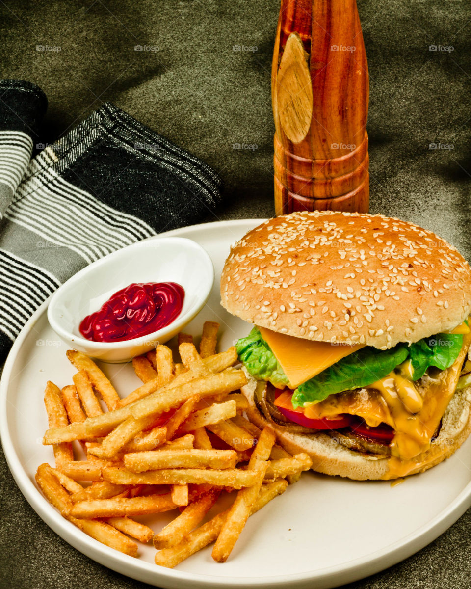 Burger, chips and fries