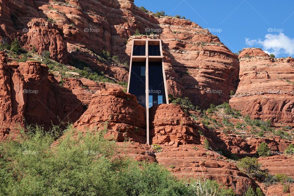 A beautiful church built into the side of a mountain in Sedona Arizona is a favorite tourist destination