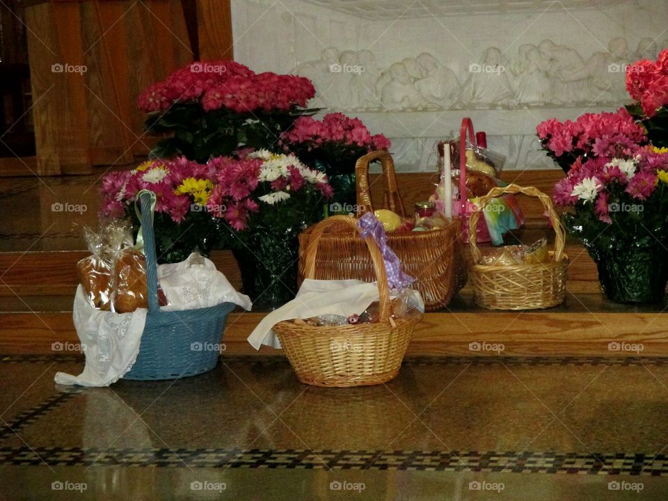 Easter baskets being blessed at church