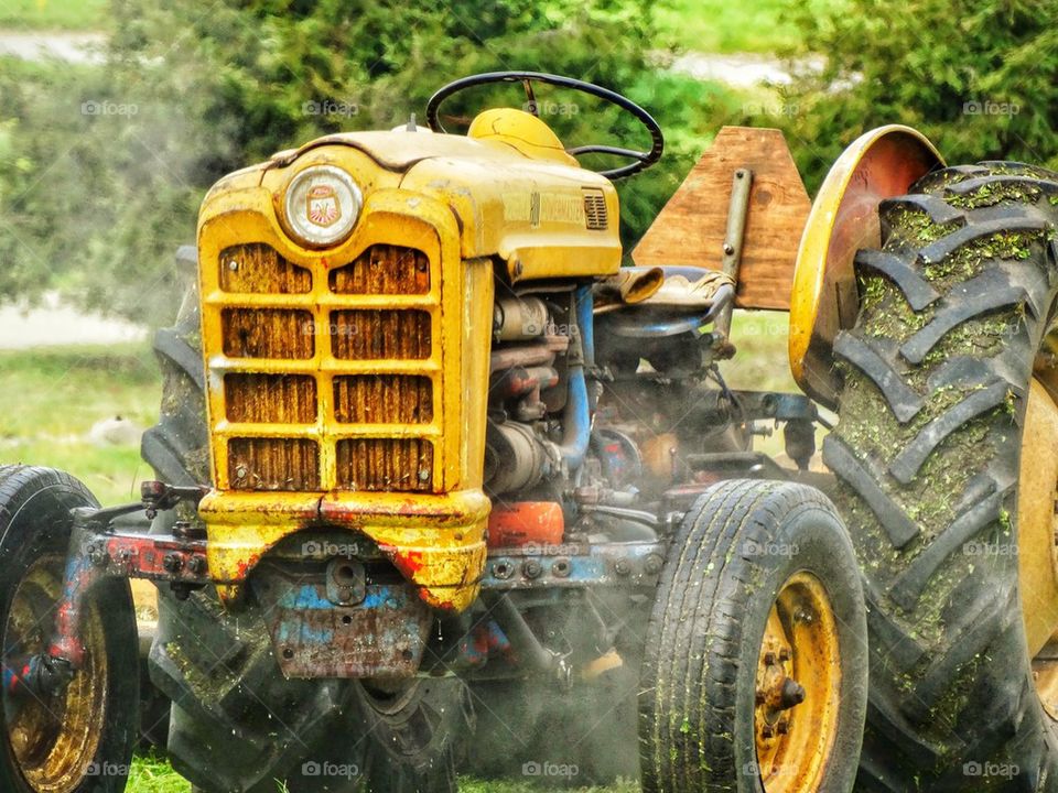 Rustic Farm Tractor. Yellow Tractor In American Field
