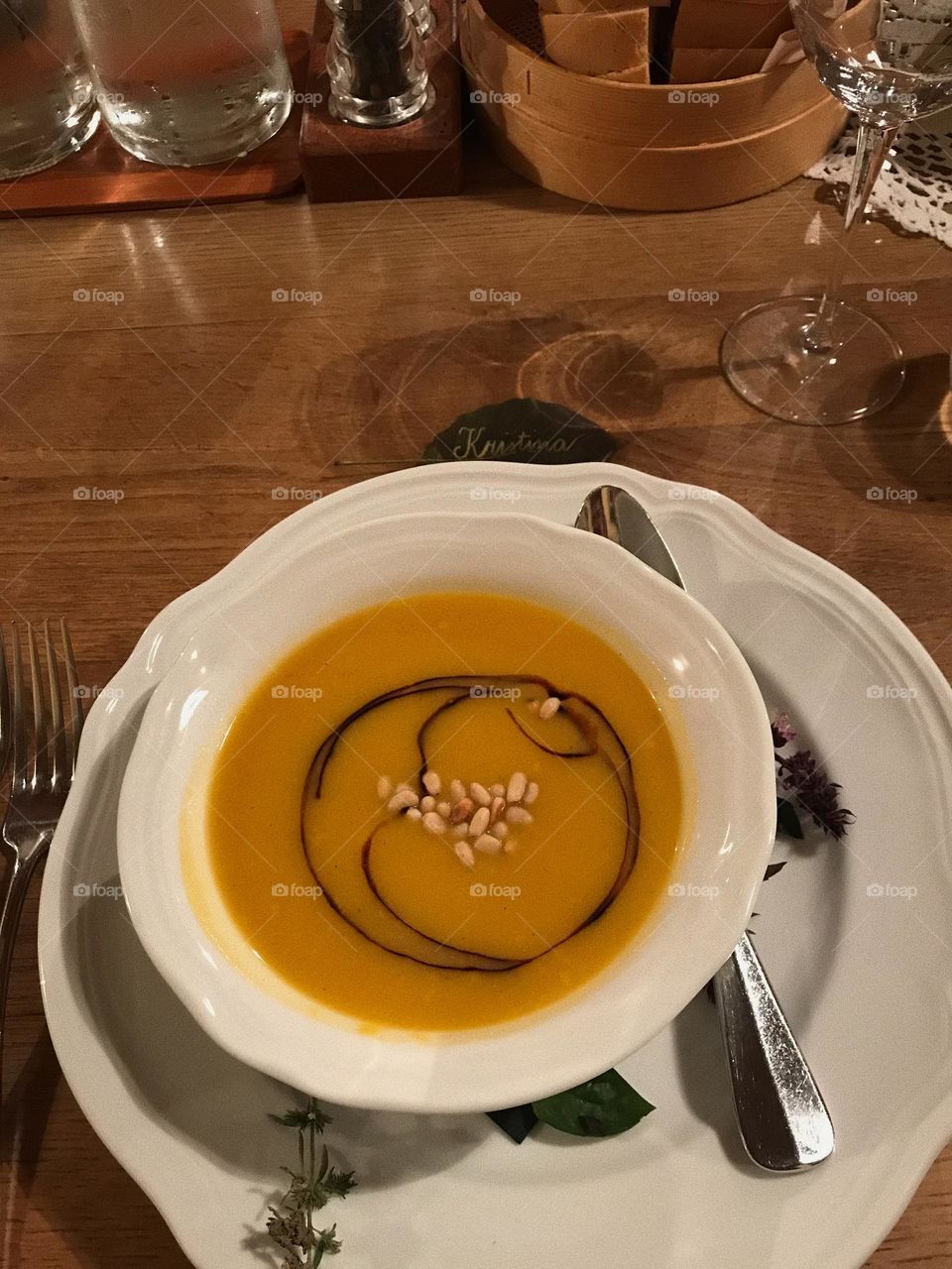 Plant based pumpkin soup for dinner at the wedding. 