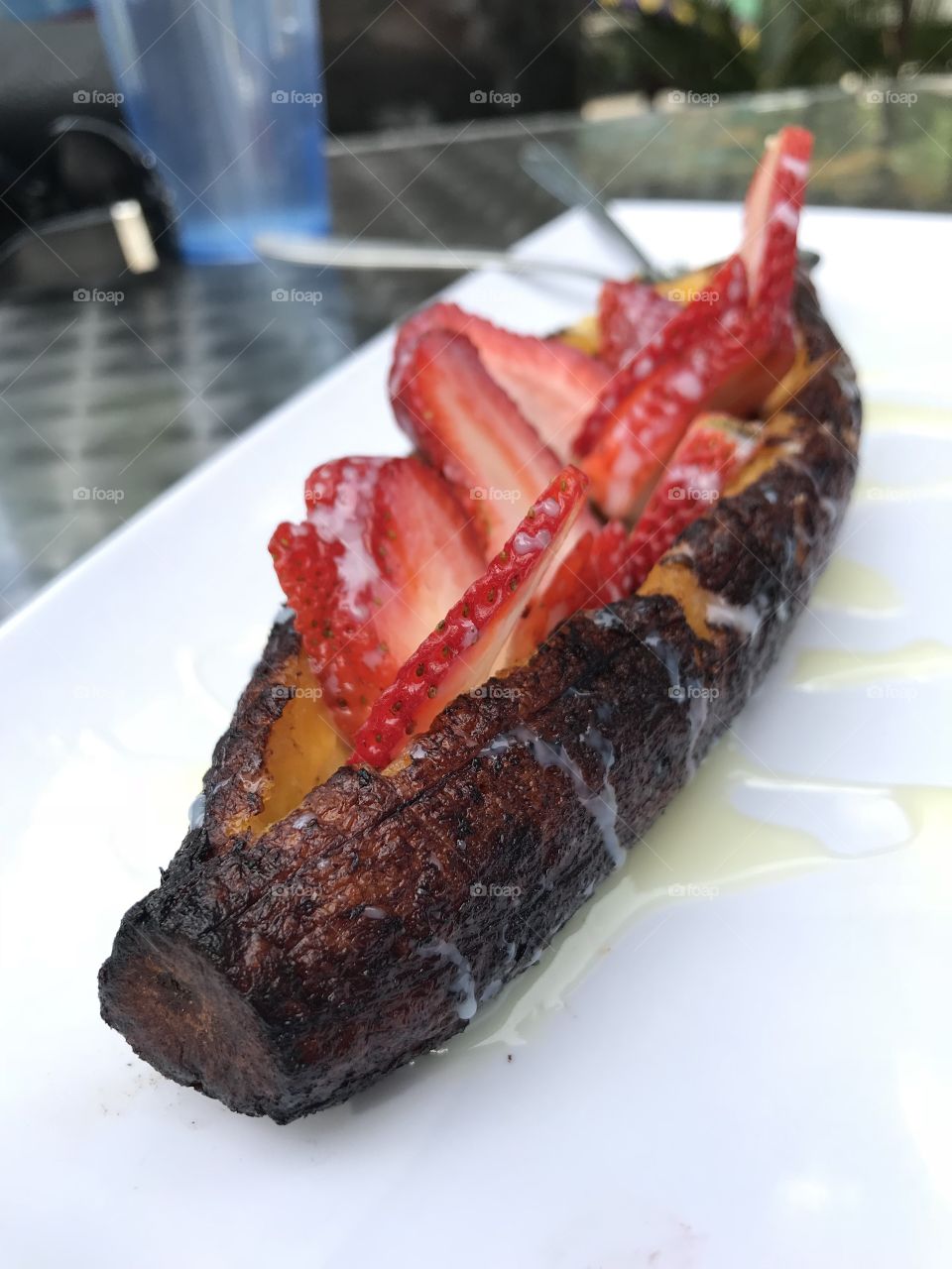Dessert- Fried Plantain with Strawberries and Sweetend Condensed Milk @ Chandos in Sacramento, California 