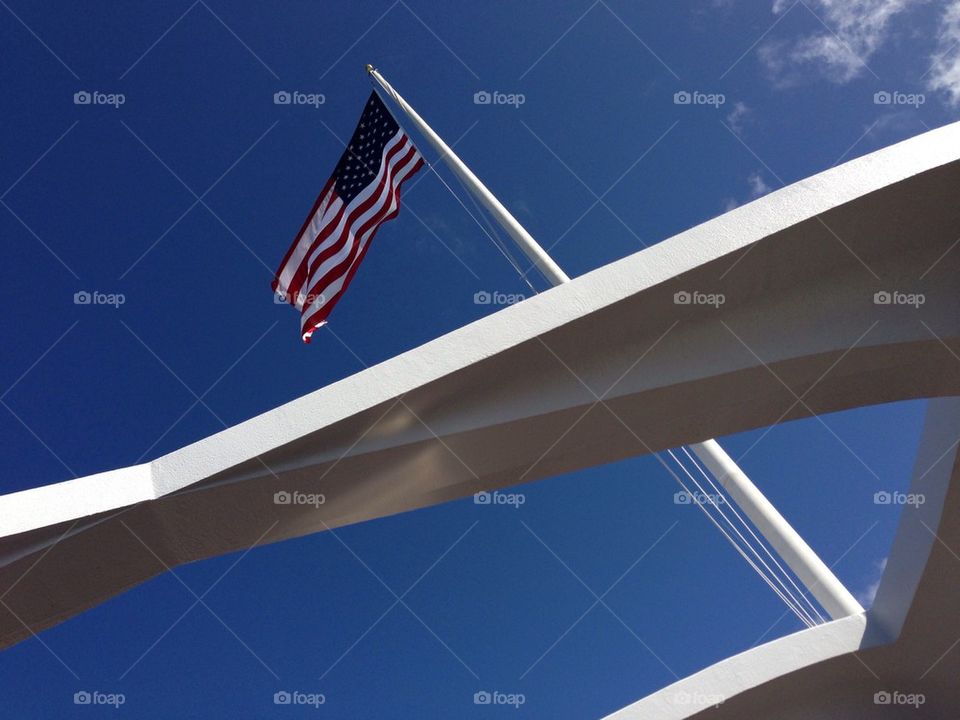 US Flag Over Arizona Memorial Pearl Harbor