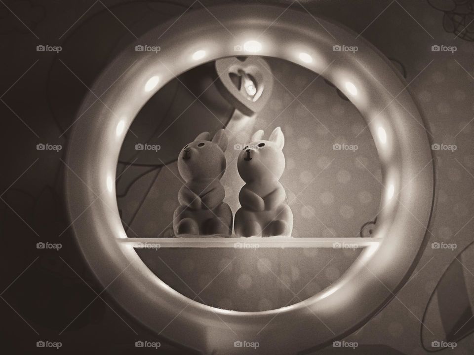 black and white photo, lamp with bunnies, lights, circle, Table lamp.