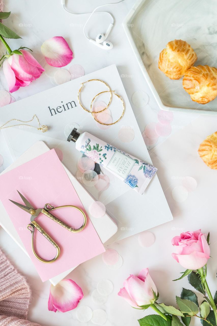 Flat lay of beauty product on white background 