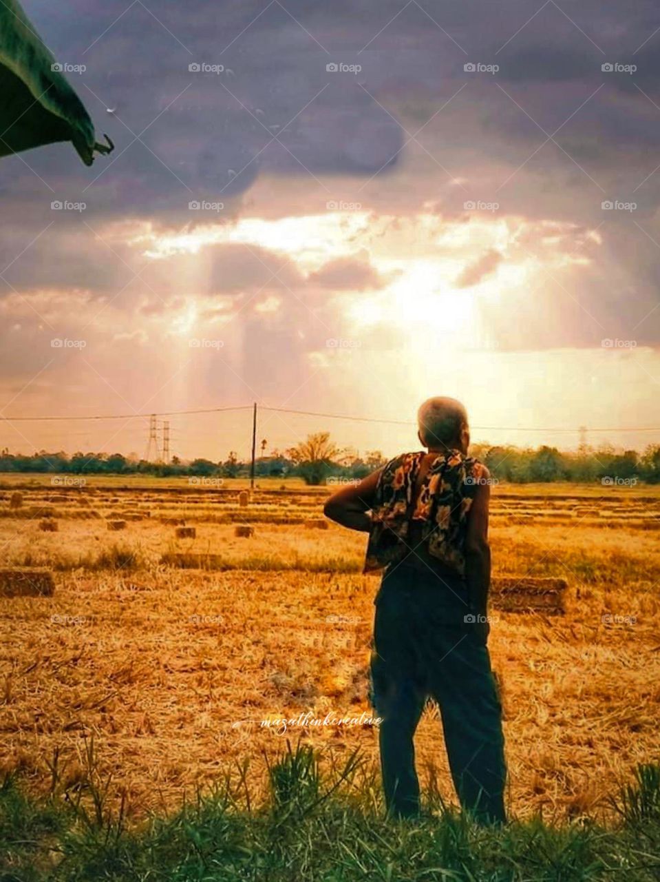 An old farmer watching over his harvested land nearly sunset time