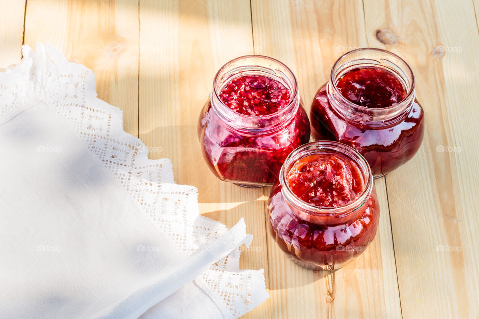 Homemade jam on wooden table. Homemade jam on wooden table