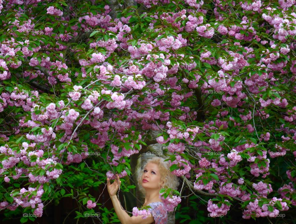 Woman standing near flowers tree