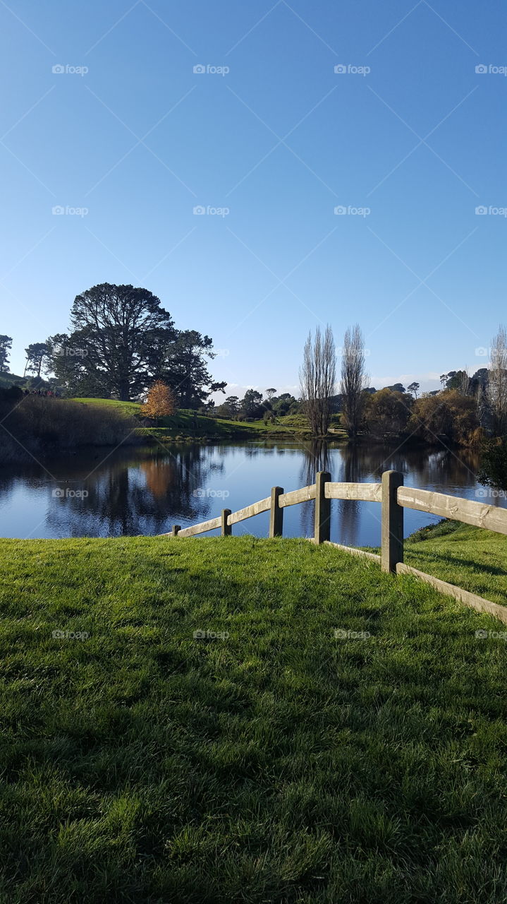 Lake in Hobbiton set in New Zealand.