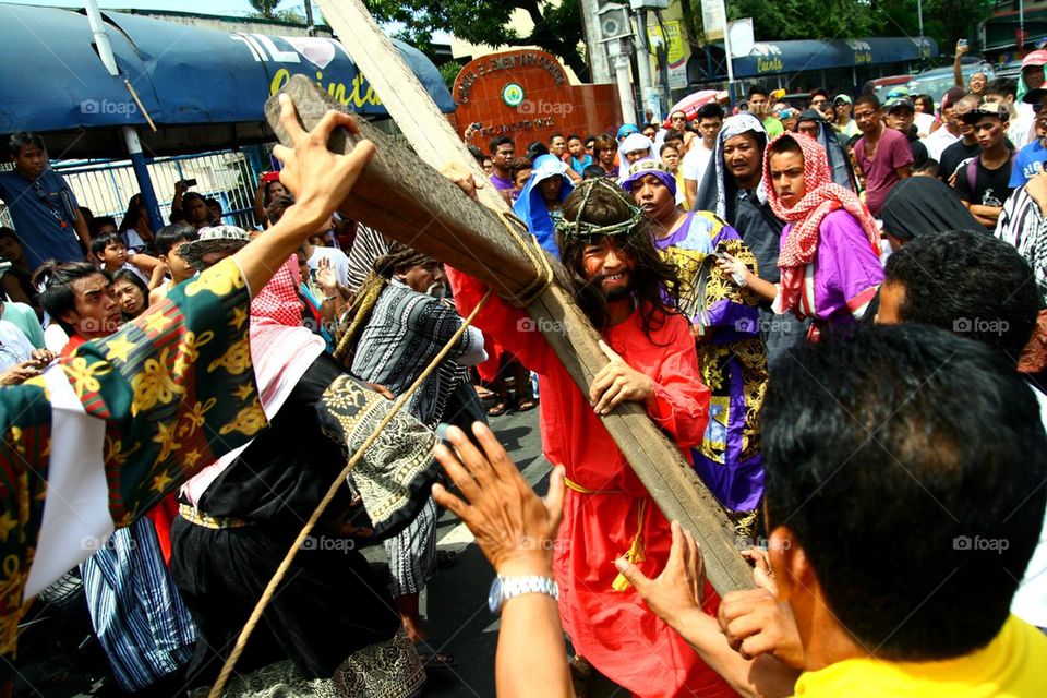 catholic devotees reenact the death of jesus christ on good friday during holy week in cainta, rizal, philippines, asia