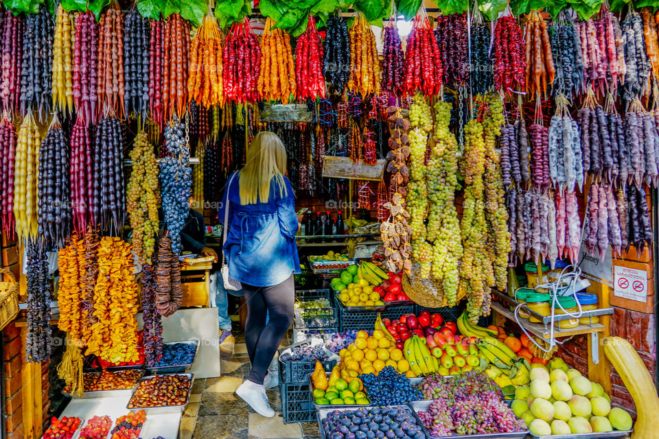 colorful shop with fresh fruits and georgian traditional homemade sweets churchkhela, Tbilisi, Georgia