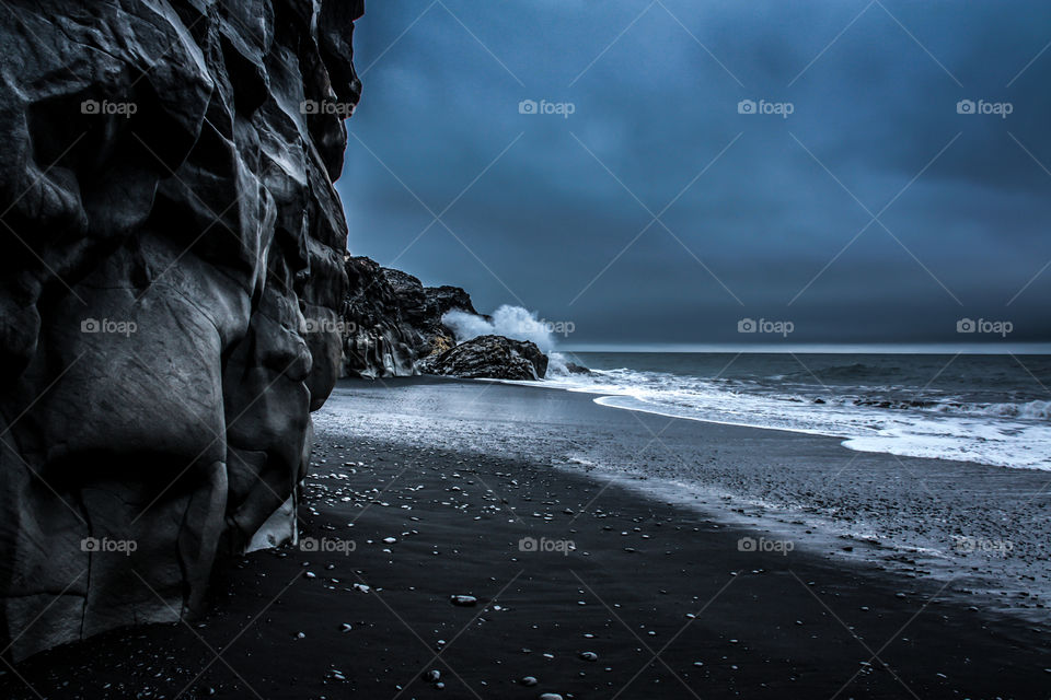 Black beach located in the south of Iceland