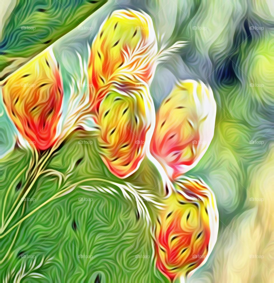 digital painting of a cactus fruit plant growing in a community Garden