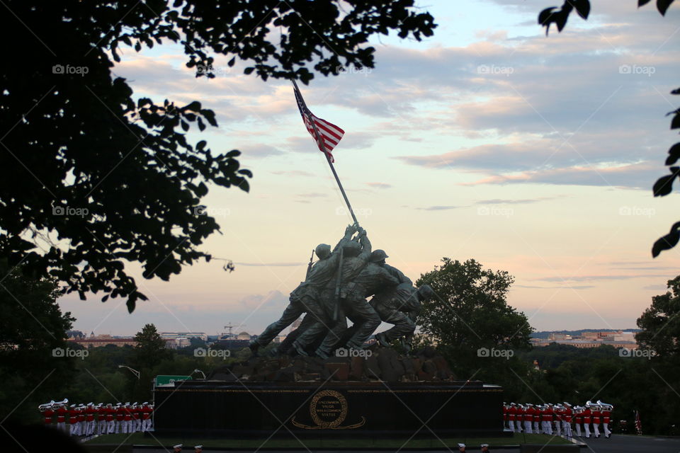 Marine band around Marine War Memorial Battle of Iwo Jima Statue