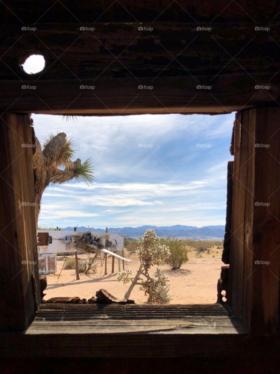 In Joshua Tree at the Noah Purifoy outdoor museum. Peering through a tiny window in a wooden shack. 