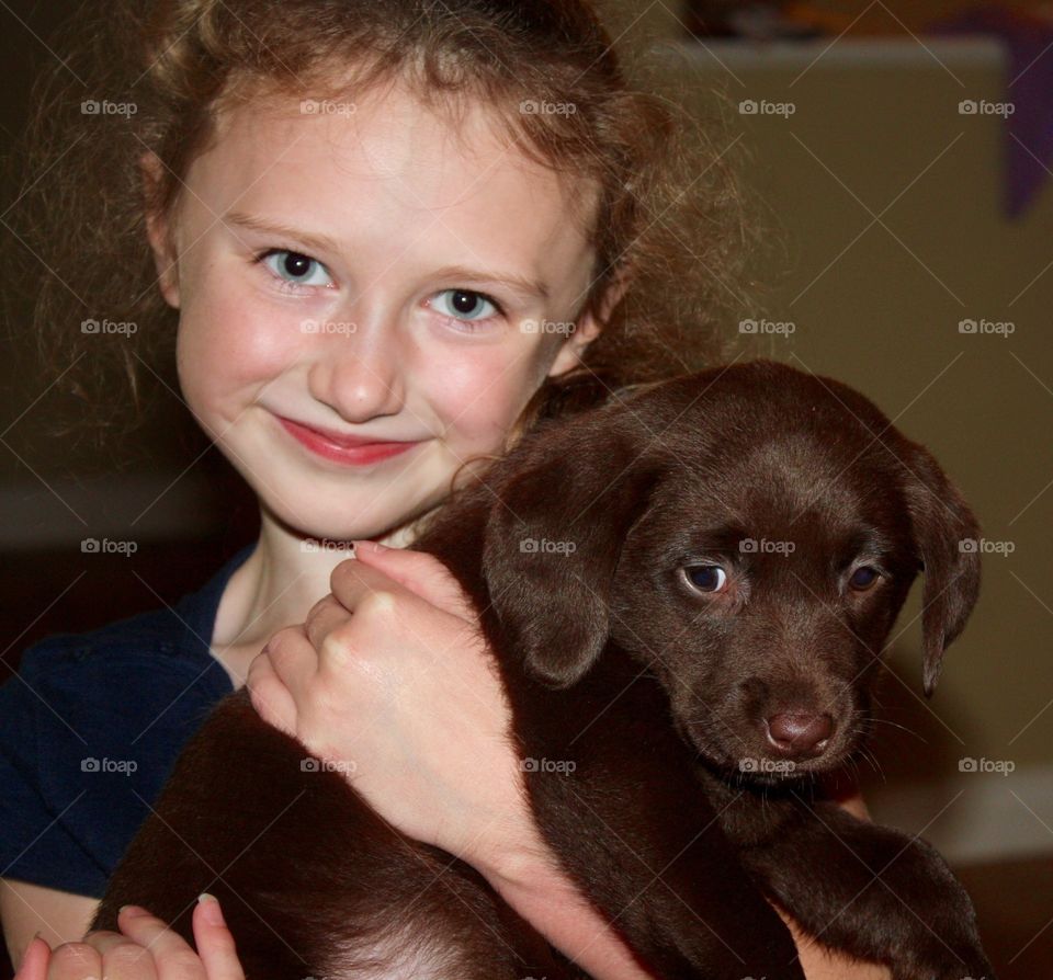 Nine-week-old chocolate lab Cookie with her new best friend.