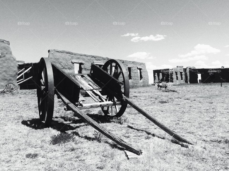 Wagon at Fort Union in black and white 