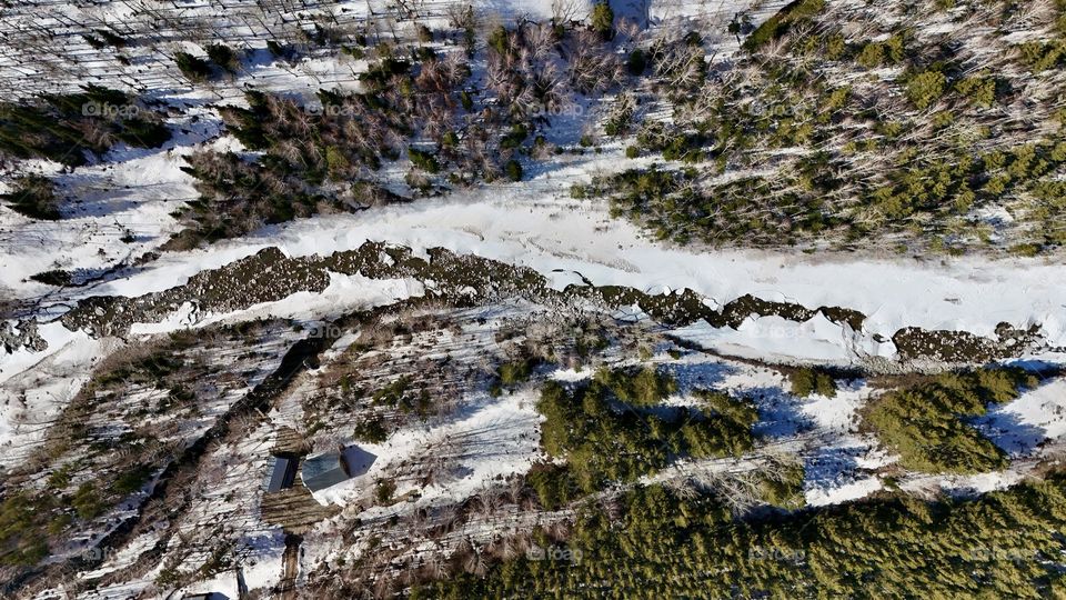 river and tops of spring trees from a bird's eye view