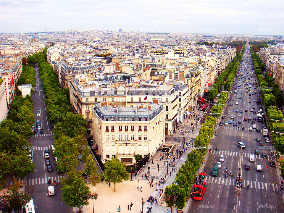 View of the Champs-Elysees seen from the Arc de Triomphe in Paris, France