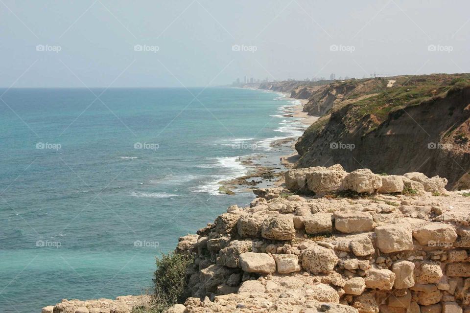 Seashore in Apollonia National Park. View of Netanya. Israel.