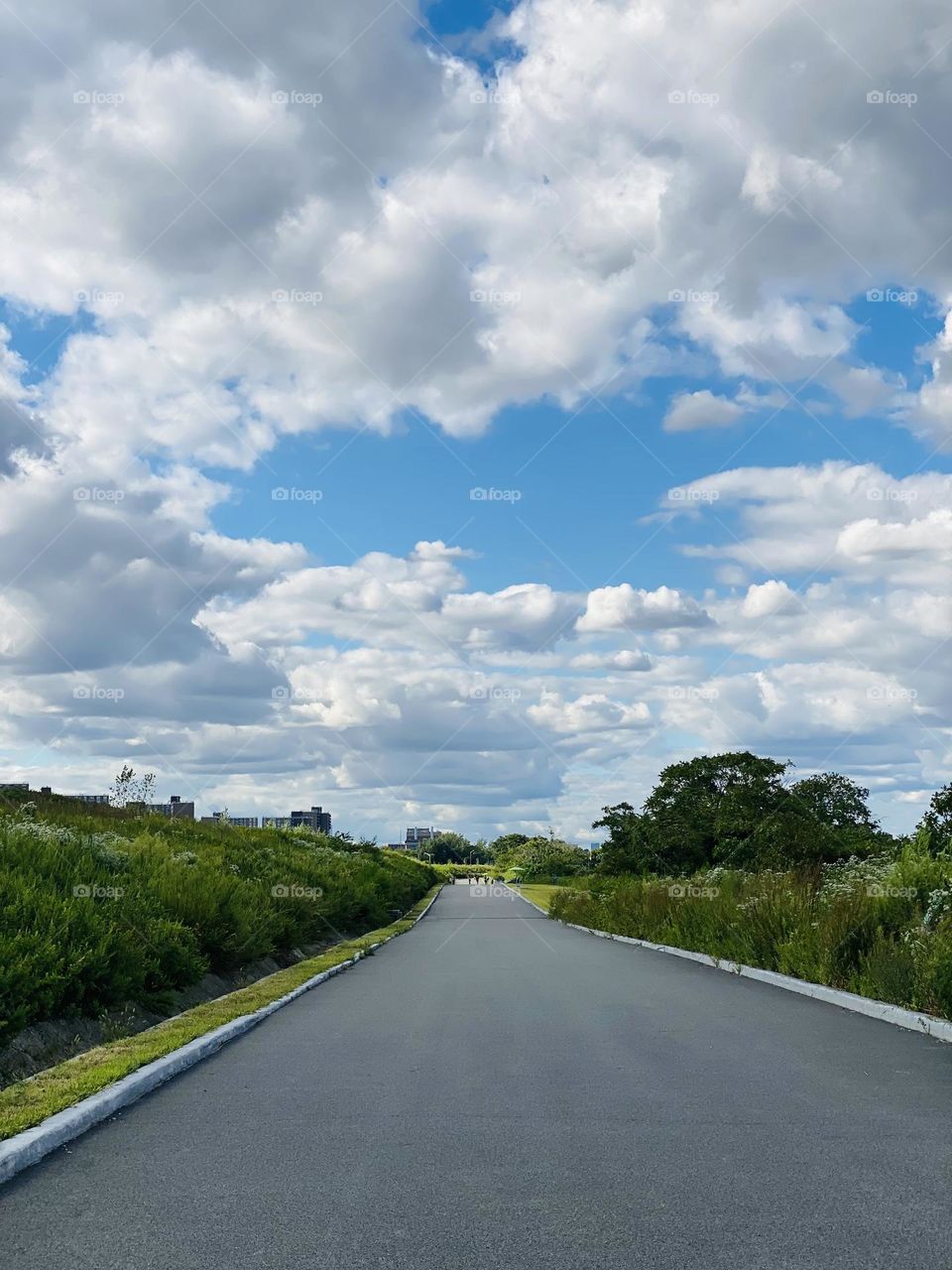A beautiful sunny day for a walk, surrounded by Mother Nature, white clouds, blue sky, green grass…
