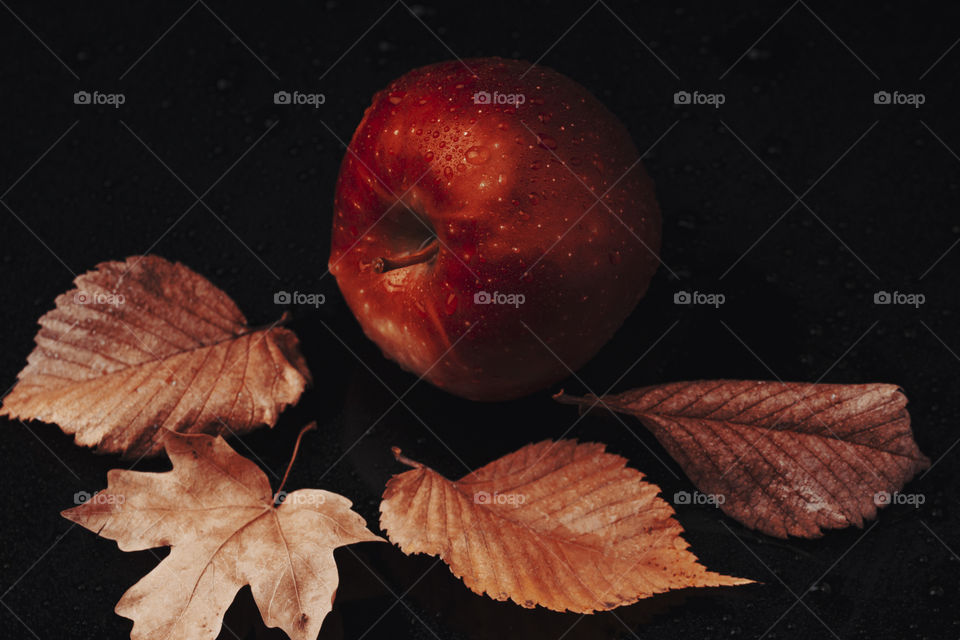 red apple and dry autumn leaves on black wet background