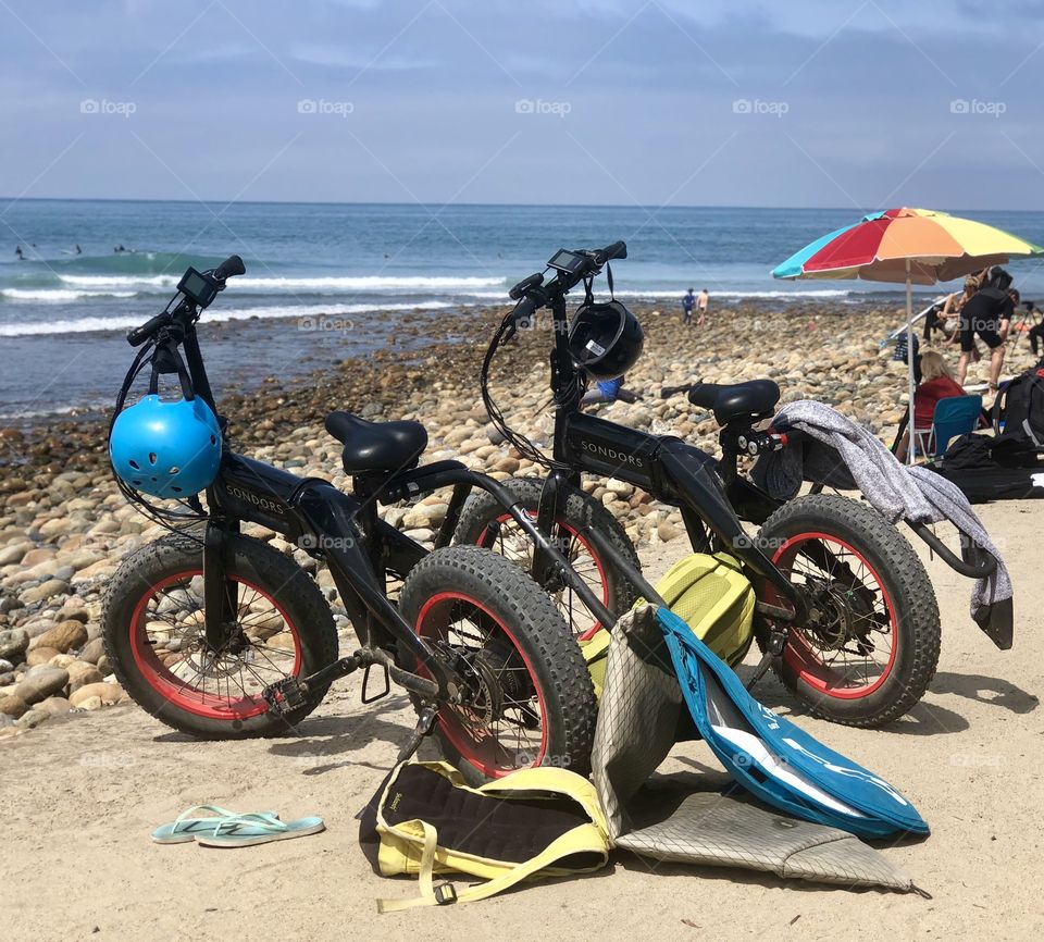 Bikes on the Beach with Colorful Umbrella, Lifestyle Photography 