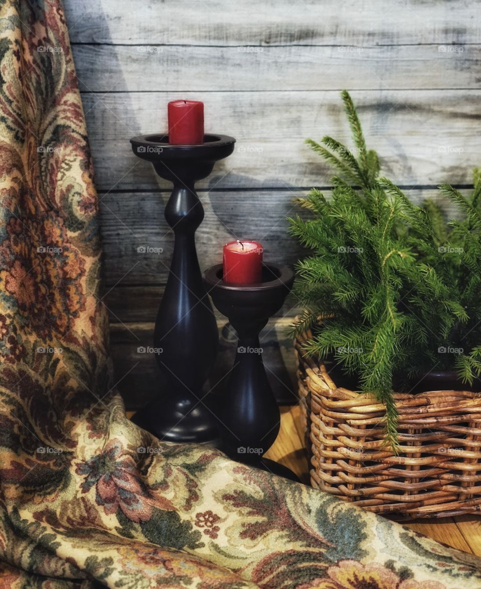 Candle candlestick wrap plaid branch spruce wood wall decoration celebration close-up winter textile textured