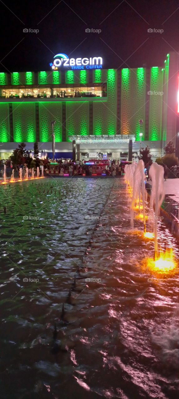 fountain, clear water, great building, night walk