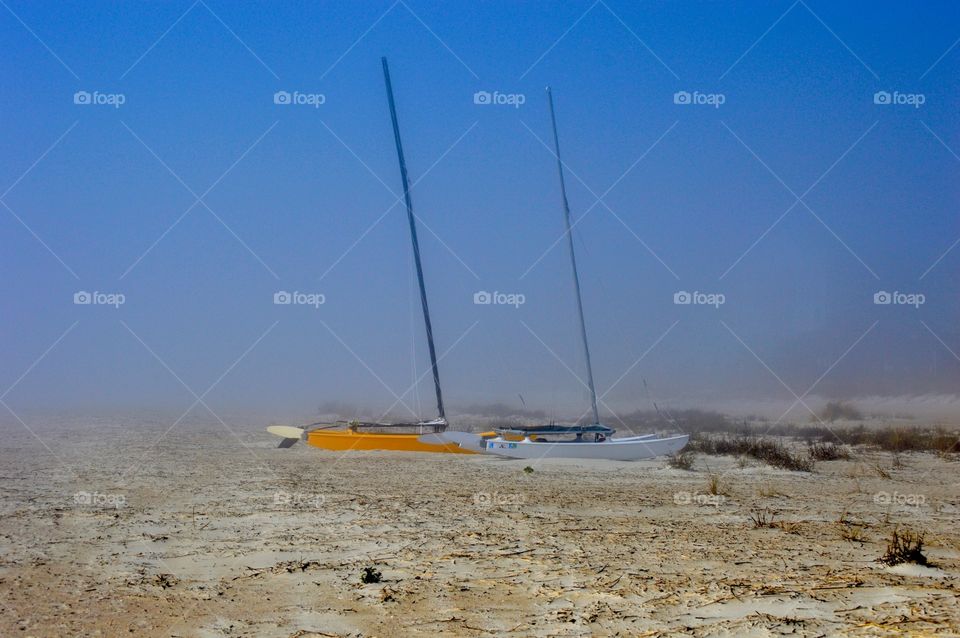 Sailboats in morning mist