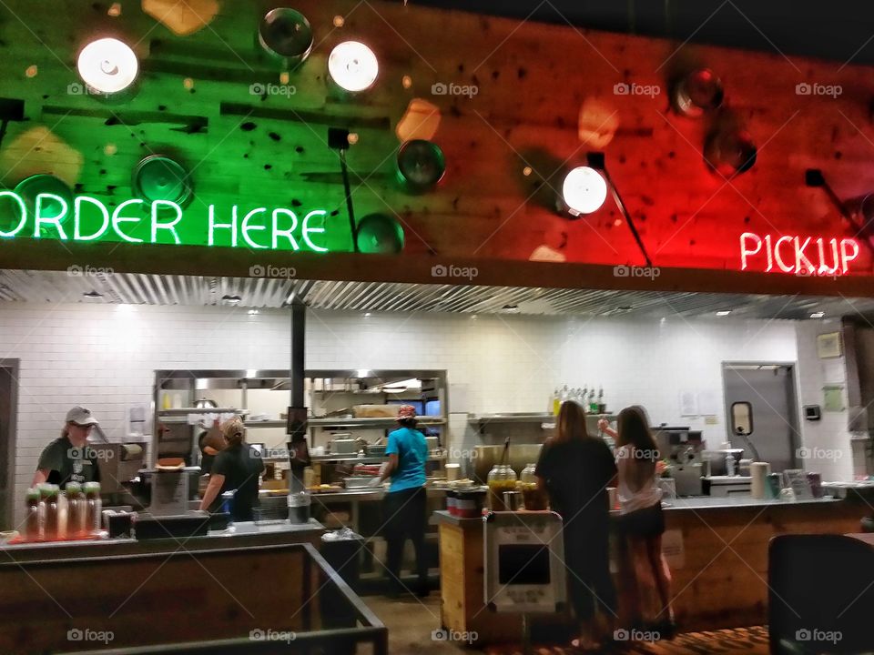 Order Here Pickup Neon Signs at a Burger Restaurant Waco Texas