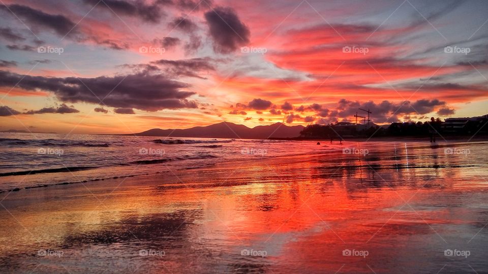 red sunset on lanzarote canary island in Spain