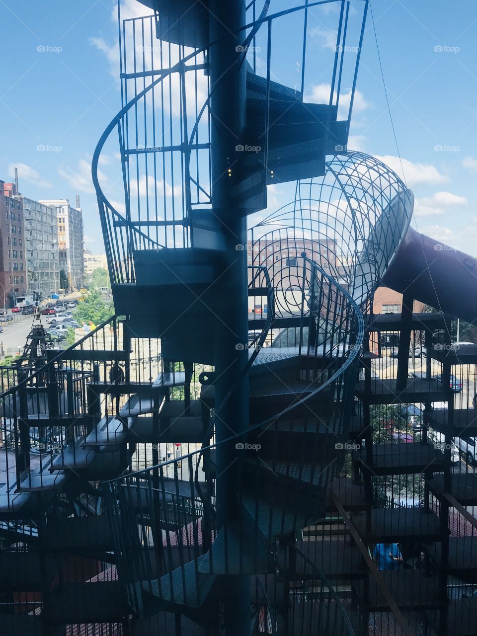 A very modern steel stairwell outside the City Museum in St. Louis that also overlooks parts of the city’s 