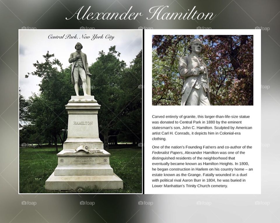 Alexander Hamilton Statue, Central Park, New York City. Instagram,@PennyPeronto