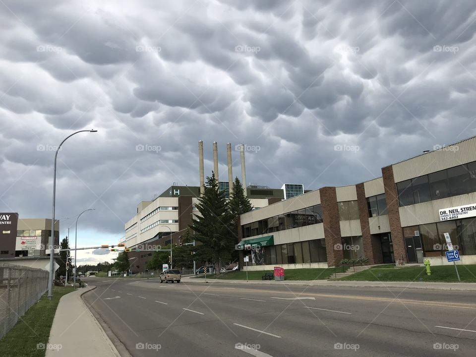 Storm clouds over the hospital.