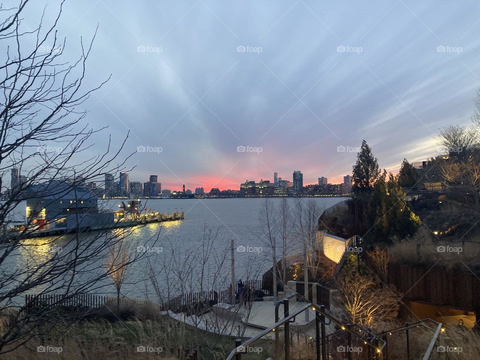 Beautiful view of a sunset on Little Island in New York