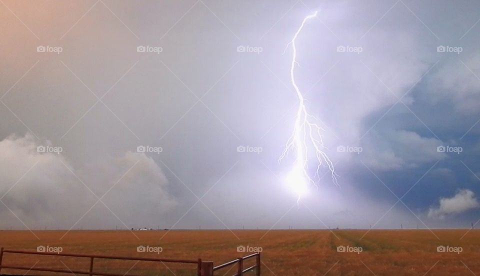 A powerful branched lightning bolt strikes down from a severe Texas thunderstorm.