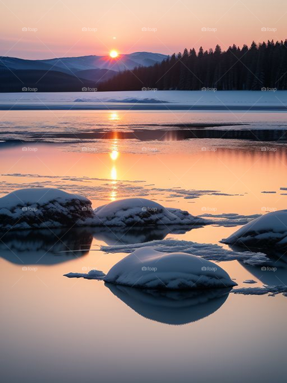 Beautiful landscape of frozen lake with sunset view