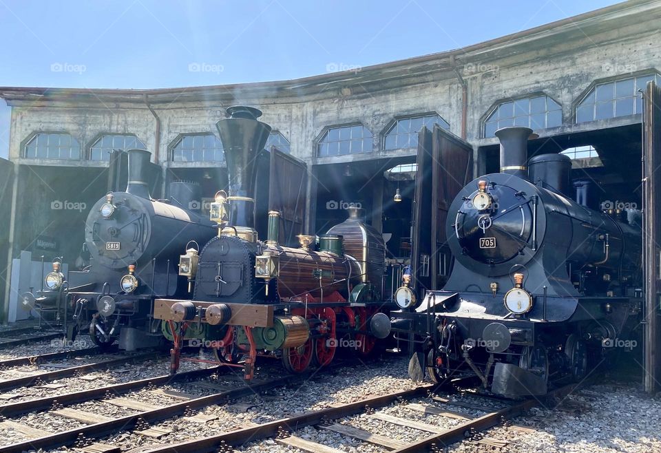 nostalgic locomotives in front of the locomotive garage