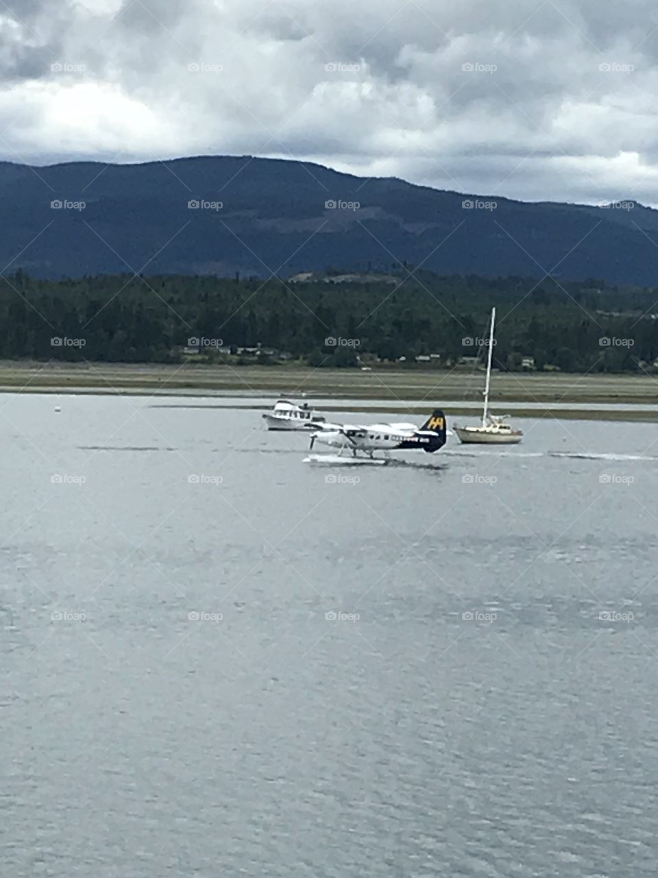 One of the harbour air float planes taking off in the Comox Valley Marina with a sailboat and a speed boat in the background.