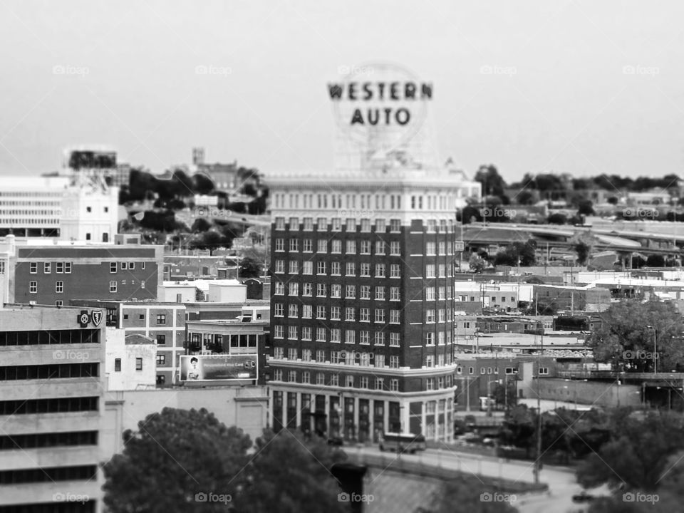 Western Auto Building, Kansas City. I took this photo of the Western Auto building, which is now a condo. I changed it to black and white and used a tilt shift effect.