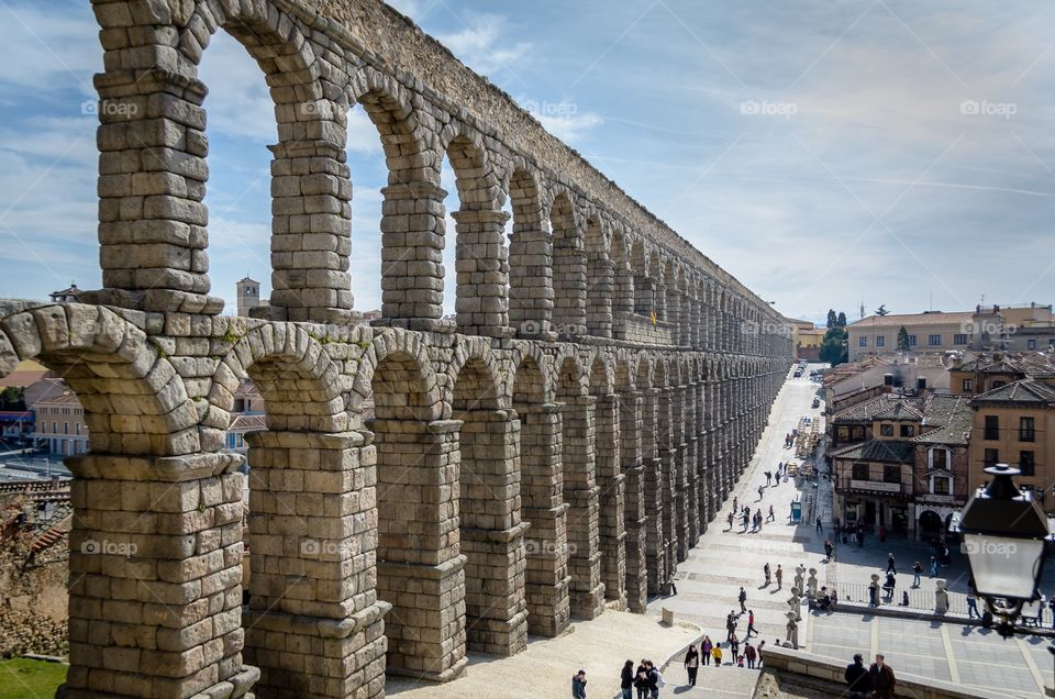 Impressive Roman aqueduct in the middle of Segovia city, Spain