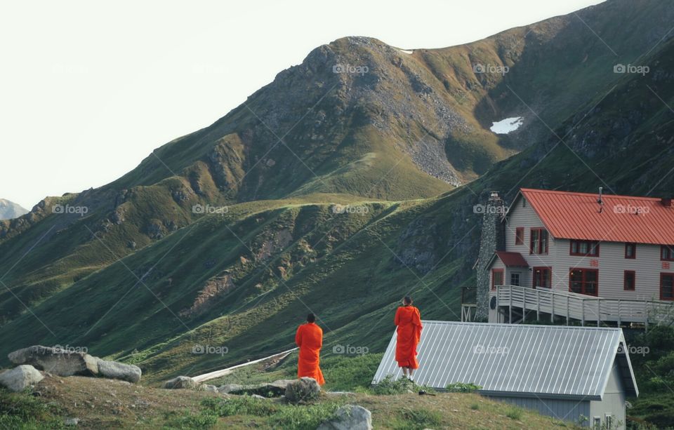 Monks at Hatcher Pass Alaska. Monks admiring the scenery at Independence Mine Hatcher Pass Alaska
