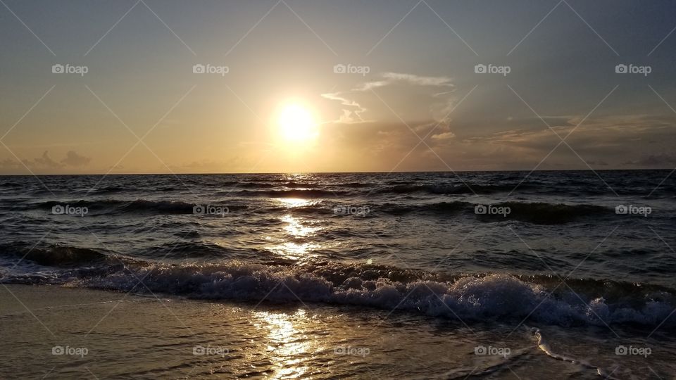 sunrise, waves, beach, ocean, shore, sun