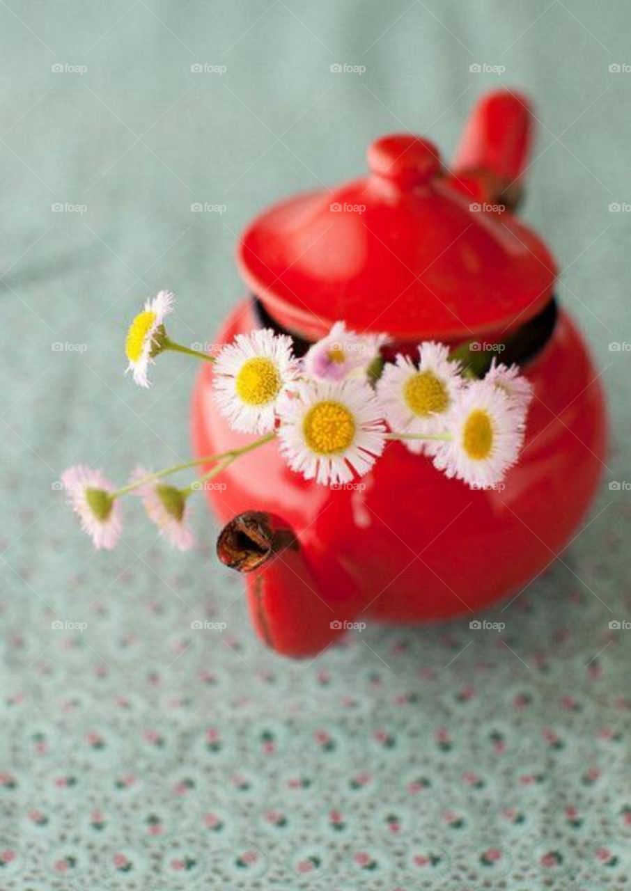 A red tea pot was used as a vase for attractive white roses