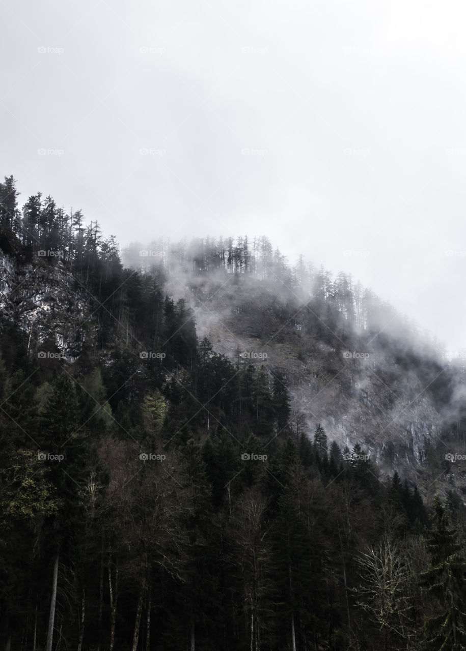 Moody mountainside in Hallstatt, Austria.