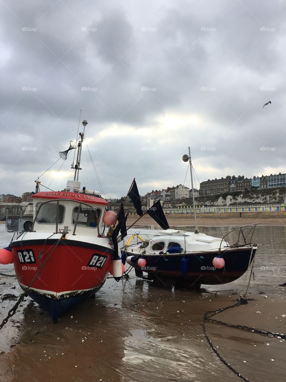 Boats at low tide, Broadstairs harbour, Kent Coast