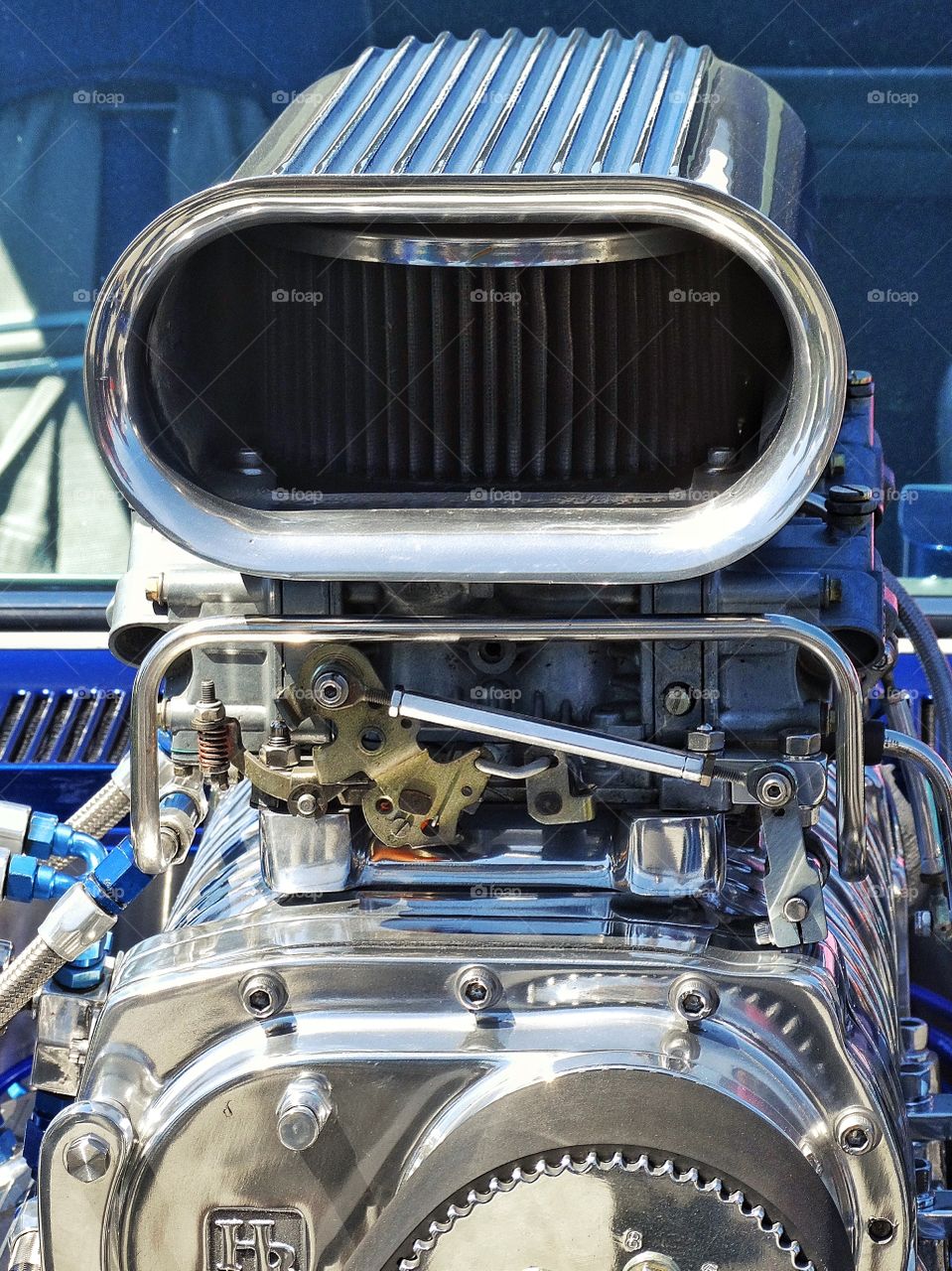 Muscle Car Engine. Detail Of Chrome And Gears Of Supercharger On A Hot Rod Car Engine